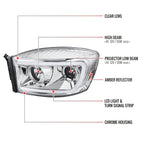 2006-2008 Dodge RAM 1500/ 2006-2009 2500 3500 Switchback LED C-Bar Projector Headlights (Chrome Housing/Clear Lens)