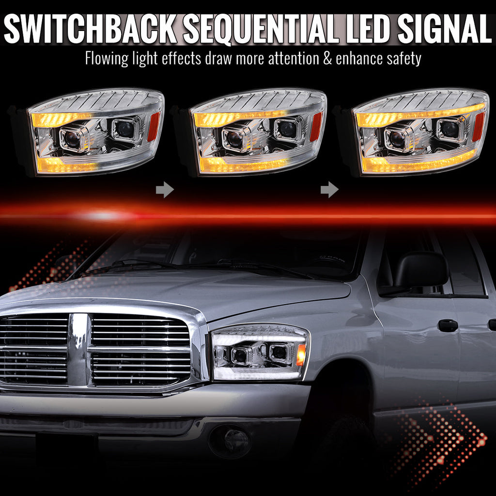 2006-2008 Dodge RAM 1500 / 2006-2009 RAM 2500 3500 Projector Headlights with Switchback LED Strips, Sequential Turn Signals, DRL & Startup Animations (Chrome Housing / Clear Lens)