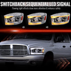 2006-2008 Dodge RAM 1500 / 2006-2009 RAM 2500 3500 Projector Headlights with Switchback LED Strips, Sequential Turn Signals, DRL & Startup Animations (Chrome Housing / Clear Lens)