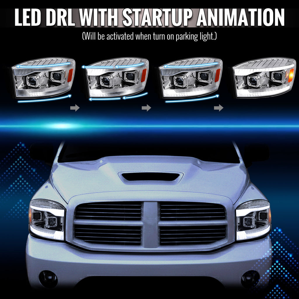 2006-2008 Dodge RAM 1500 / 2006-2009 RAM 2500 3500 Projector Headlights with Switchback LED Strips, Sequential Turn Signals, DRL & Startup Animations (Chrome Housing / Clear Lens)