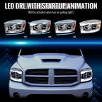 2006-2008 Dodge RAM 1500 / 2006-2009 RAM 2500 3500 Projector Headlights with Switchback LED Strips, Sequential Turn Signals, DRL & Startup Animations (Chrome Housing / Clear Lens)
