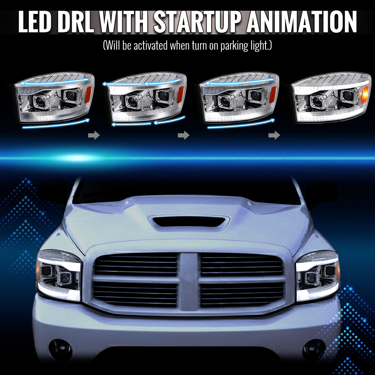 2006-2008 Dodge RAM 1500 / 2006-2009 RAM 2500 3500 Projector Headlights with Switchback LED Strips, Sequential Turn Signals, DRL & Startup Animations (Chrome Housing / Clear Lens)