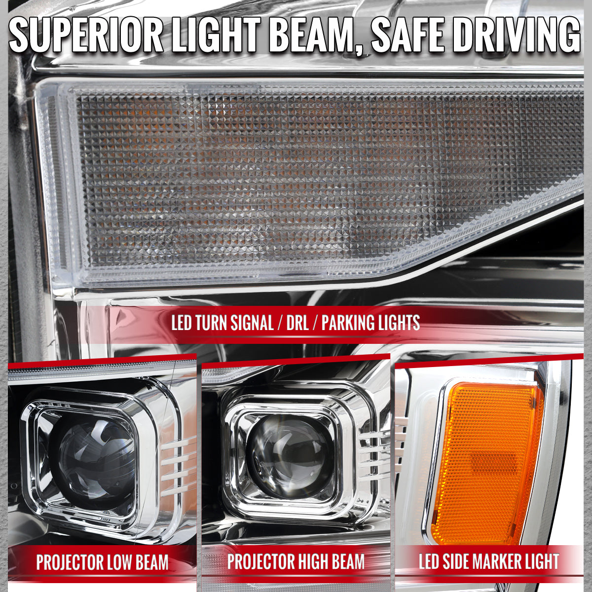 2006-2008 Dodge RAM 1500 / 2006-2009 RAM 2500 3500 Projector Headlights with Switchback LED Strips, Sequential Turn Signals, DRL & Startup Animations (Chrome Housing / Clear Lens)