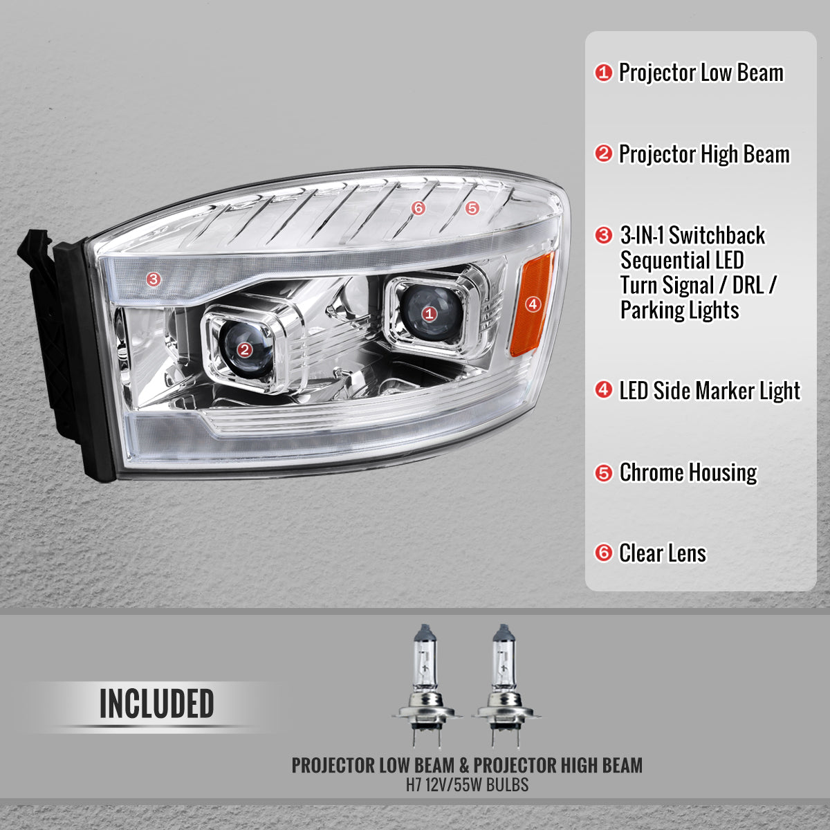 2006-2008 Dodge RAM 1500 / 2006-2009 RAM 2500 3500 Projector Headlights with Switchback LED Strips, Sequential Turn Signals, DRL & Startup Animations (Chrome Housing / Clear Lens)