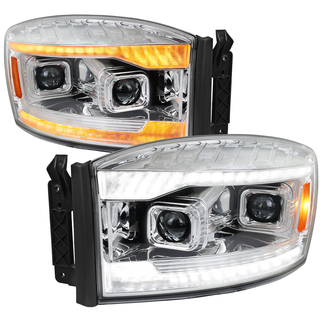 2006-2008 Dodge RAM 1500 / 2006-2009 RAM 2500 3500 Projector Headlights with Switchback LED Strips, Sequential Turn Signals, DRL & Startup Animations (Chrome Housing / Clear Lens)