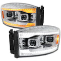2006-2008 Dodge RAM 1500 / 2006-2009 RAM 2500 3500 Projector Headlights with Switchback LED Strips, Sequential Turn Signals, DRL & Startup Animations (Chrome Housing / Clear Lens)