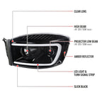 2006-2008 Dodge RAM 1500/ 2006-2009 2500 3500 Switchback LED C-Bar Projector Headlights (Jet Black Housing/Clear Lens)