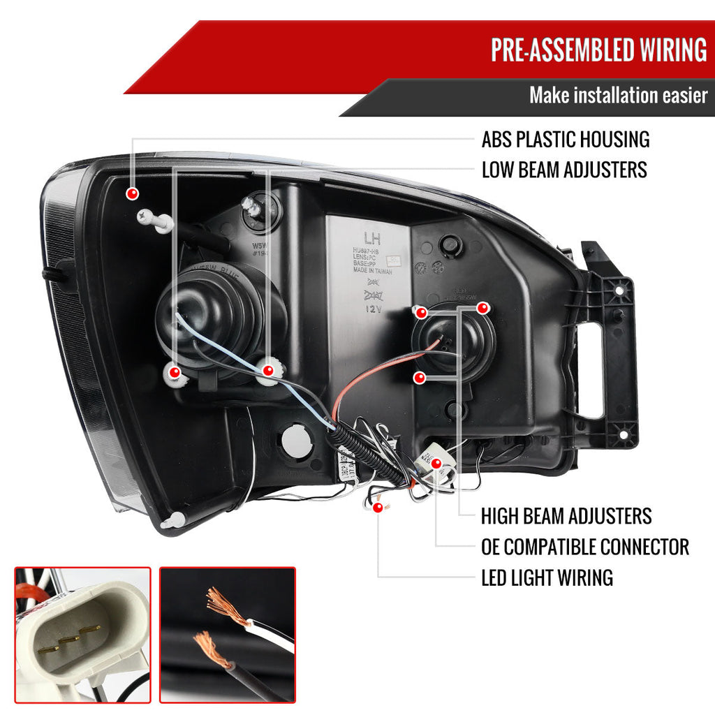 2006-2008 Dodge RAM 1500/ 2006-2009 RAM 2500 3500 Dual Halo Projector Headlights (Jet Black Housing/Clear Lens)