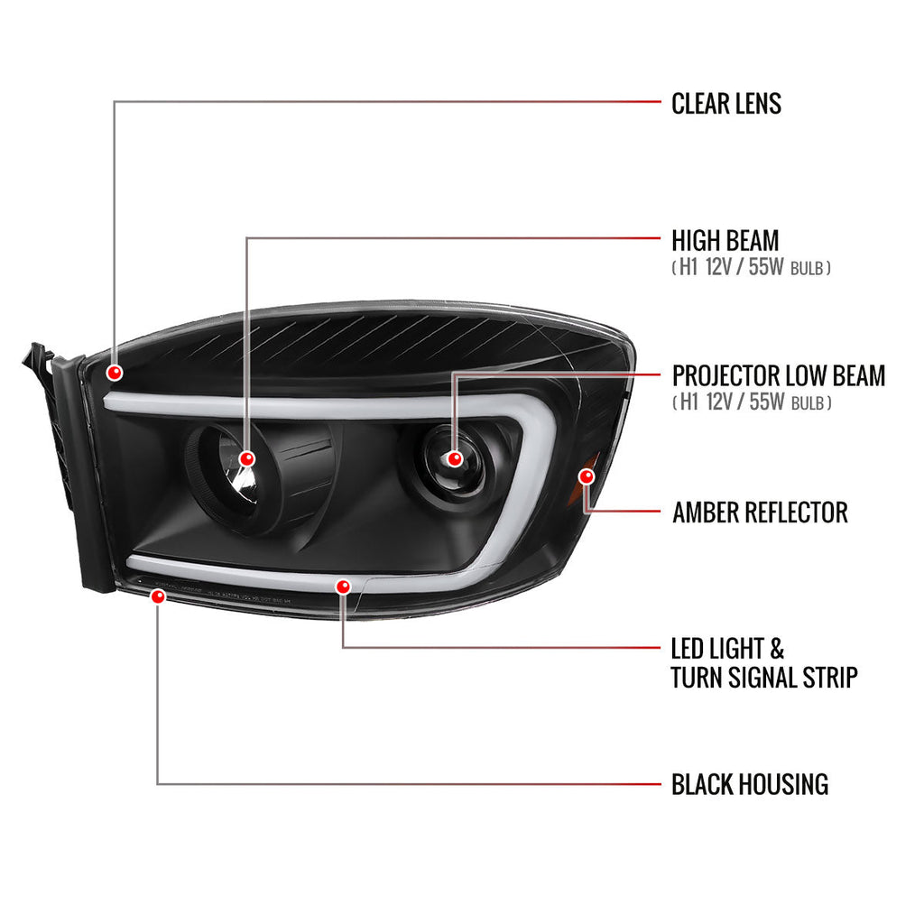 2006-2008 Dodge RAM 1500/ 2006-2009 2500 3500 Switchback LED C-Bar Projector Headlights (Matte Black Housing/Clear Lens)