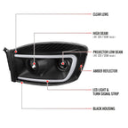 2006-2008 Dodge RAM 1500/ 2006-2009 2500 3500 Switchback LED C-Bar Projector Headlights (Matte Black Housing/Clear Lens)