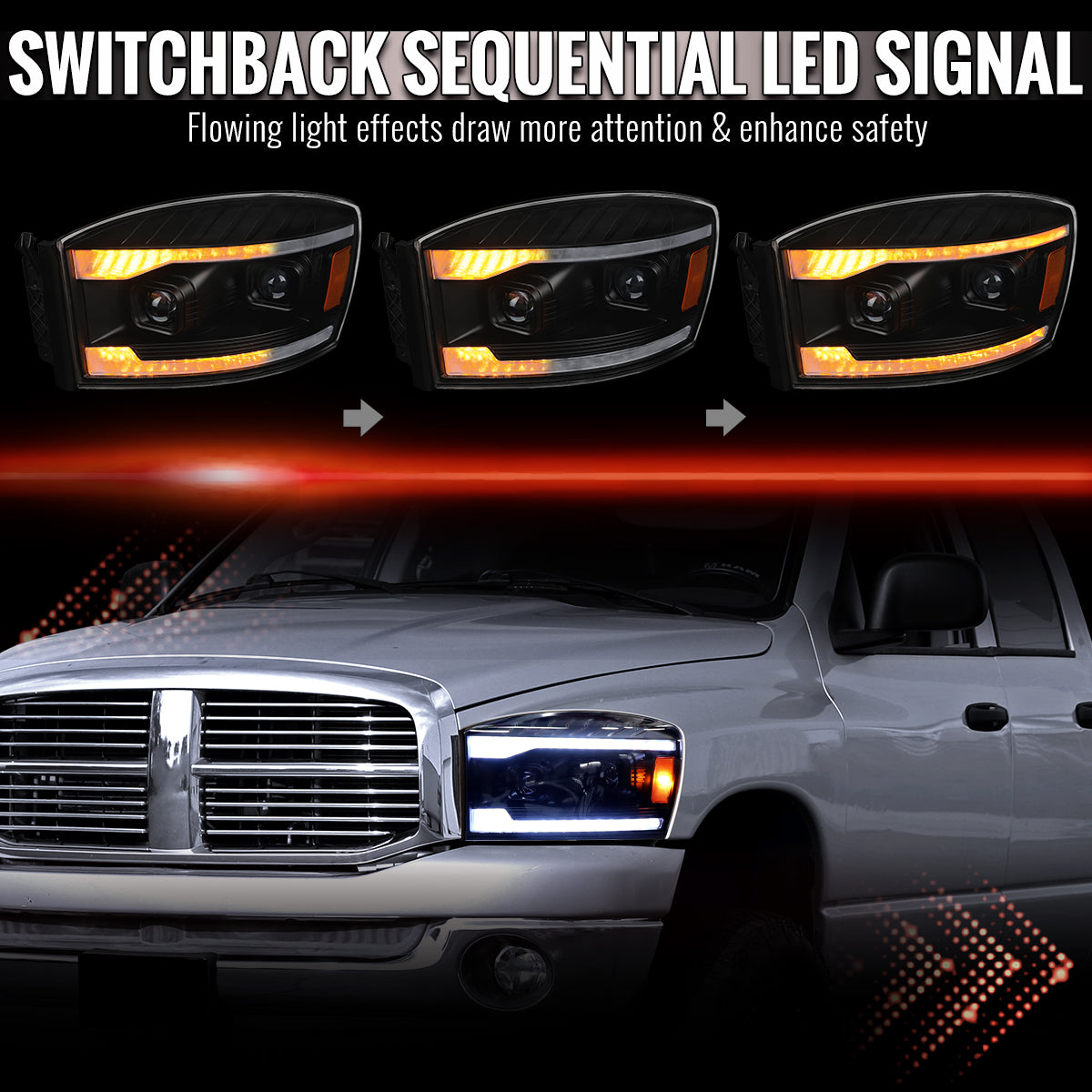 2006-2008 Dodge RAM 1500 / 2006-2009 RAM 2500 3500 Projector Headlights with Switchback LED Strips, Sequential Turn Signals, DRL & Startup Animation (Black Housing / Clear Lens)