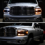 2006-2008 Dodge RAM 1500 / 2006-2009 RAM 2500 3500 Projector Headlights with Switchback LED Strips, Sequential Turn Signals, DRL & Startup Animation (Black Housing / Clear Lens)