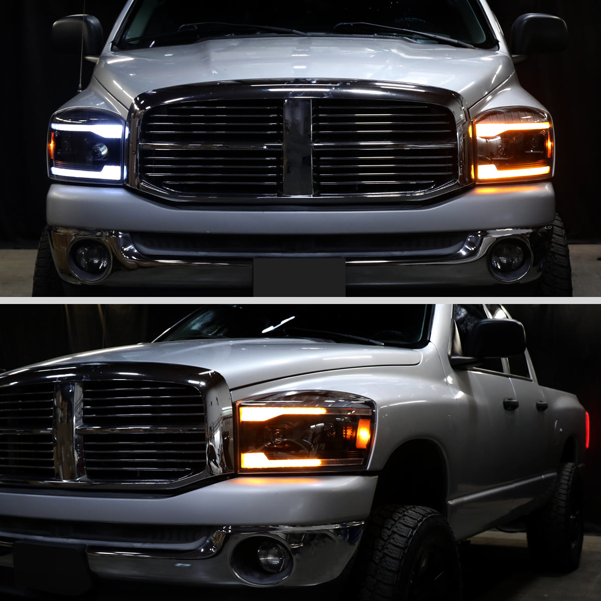2006-2008 Dodge RAM 1500 / 2006-2009 RAM 2500 3500 Projector Headlights with Switchback LED Strips, Sequential Turn Signals, DRL & Startup Animation (Black Housing / Clear Lens)