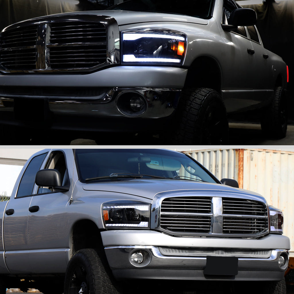 2006-2008 Dodge RAM 1500 / 2006-2009 RAM 2500 3500 Projector Headlights with Switchback LED Strips, Sequential Turn Signals, DRL & Startup Animation (Black Housing / Clear Lens)