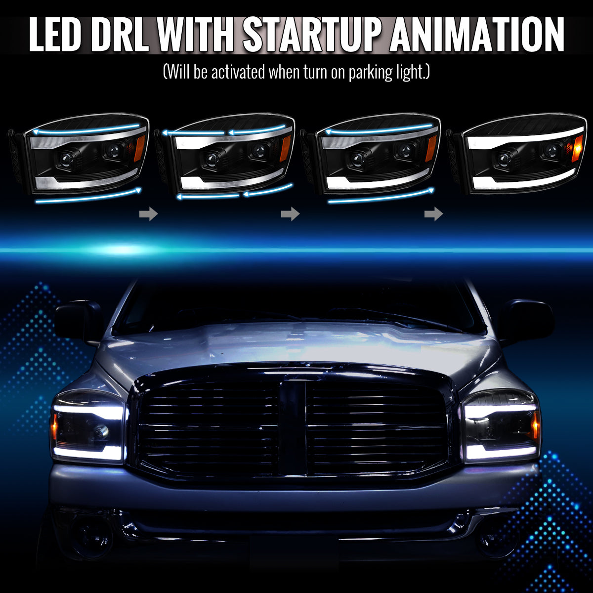 2006-2008 Dodge RAM 1500 / 2006-2009 RAM 2500 3500 Projector Headlights with Switchback LED Strips, Sequential Turn Signals, DRL & Startup Animation (Black Housing / Clear Lens)