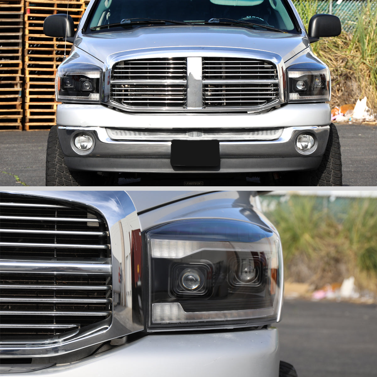 2006-2008 Dodge RAM 1500 / 2006-2009 RAM 2500 3500 Projector Headlights with Switchback LED Strips, Sequential Turn Signals, DRL & Startup Animation (Black Housing / Clear Lens)