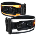 2006-2008 Dodge RAM 1500 / 2006-2009 RAM 2500 3500 Projector Headlights with Switchback LED Strips, Sequential Turn Signals, DRL & Startup Animation (Black Housing / Clear Lens)
