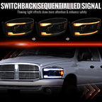 2006-2008 Dodge RAM 1500 / 2006-2009 RAM 2500 3500 Projector Headlights with Switchback LED Strips, Sequential Turn Signals, DRL & Startup Animation (Black Housing / Smoked Lens)