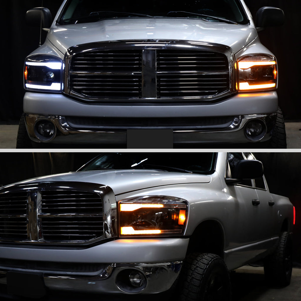 2006-2008 Dodge RAM 1500 / 2006-2009 RAM 2500 3500 Projector Headlights with Switchback LED Strips, Sequential Turn Signals, DRL & Startup Animation (Black Housing / Smoked Lens)