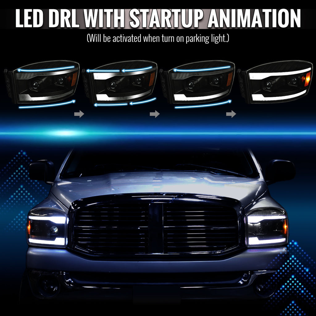 2006-2008 Dodge RAM 1500 / 2006-2009 RAM 2500 3500 Projector Headlights with Switchback LED Strips, Sequential Turn Signals, DRL & Startup Animation (Black Housing / Smoked Lens)