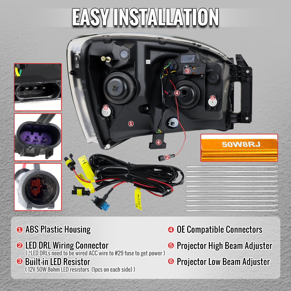 2006-2008 Dodge RAM 1500 / 2006-2009 RAM 2500 3500 Projector Headlights with Switchback LED Strips, Sequential Turn Signals, DRL & Startup Animation (Black Housing / Smoked Lens)