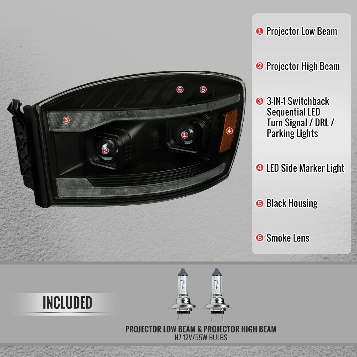 2006-2008 Dodge RAM 1500 / 2006-2009 RAM 2500 3500 Projector Headlights with Switchback LED Strips, Sequential Turn Signals, DRL & Startup Animation (Black Housing / Smoked Lens)