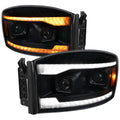 2006-2008 Dodge RAM 1500 / 2006-2009 RAM 2500 3500 Projector Headlights with Switchback LED Strips, Sequential Turn Signals, DRL & Startup Animation (Black Housing / Smoked Lens)