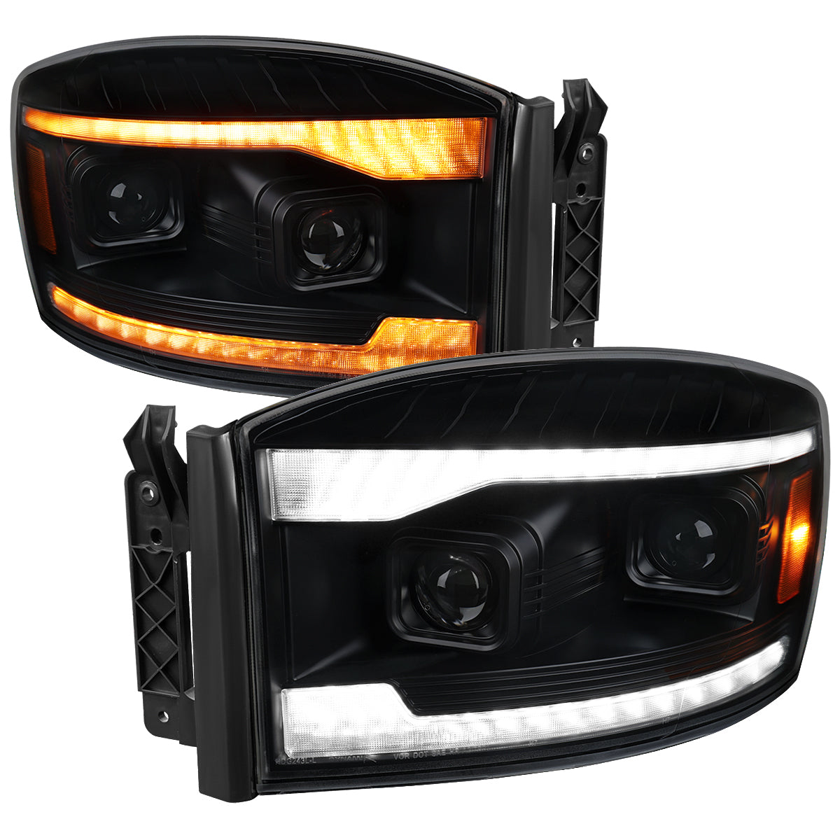 2006-2008 Dodge RAM 1500 / 2006-2009 RAM 2500 3500 Projector Headlights with Switchback LED Strips, Sequential Turn Signals, DRL & Startup Animation (Black Housing / Smoked Lens)