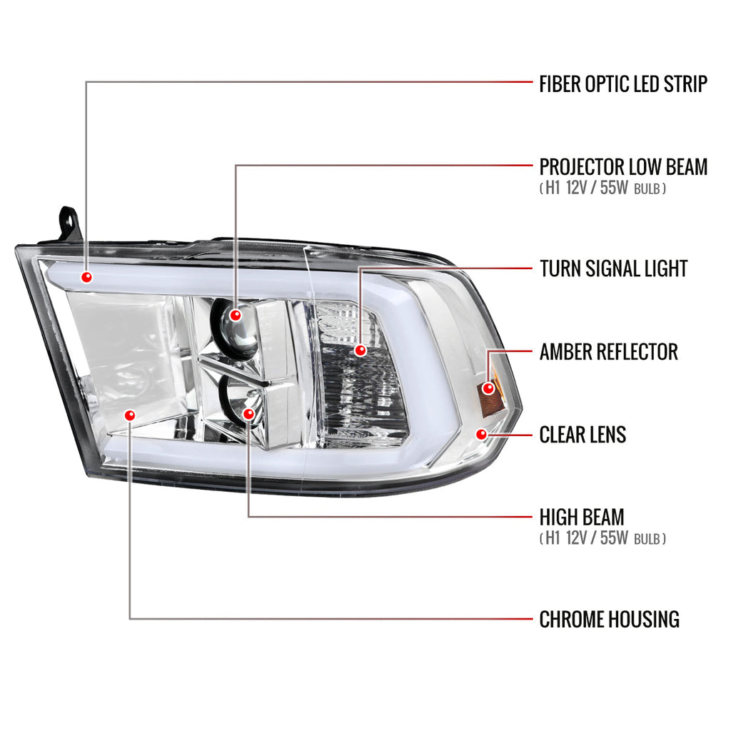 2009-2018 Dodge RAM 1500 / 2019-2021 RAM Classic / 2010-2018 RAM 2500 3500 LED C-Bar Projector Headlights (Chrome Housing/Clear Lens)