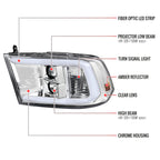 2009-2018 Dodge RAM 1500 / 2019-2021 RAM Classic / 2010-2018 RAM 2500 3500 LED C-Bar Projector Headlights (Chrome Housing/Clear Lens)