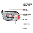 2009-2018 Dodge RAM 1500 / 2019-2021 RAM Classic / 2010-2018 RAM 2500 3500 Switchback Sequential LED C-Bar Projector Headlights (Chrome Housing/Clear Lens)