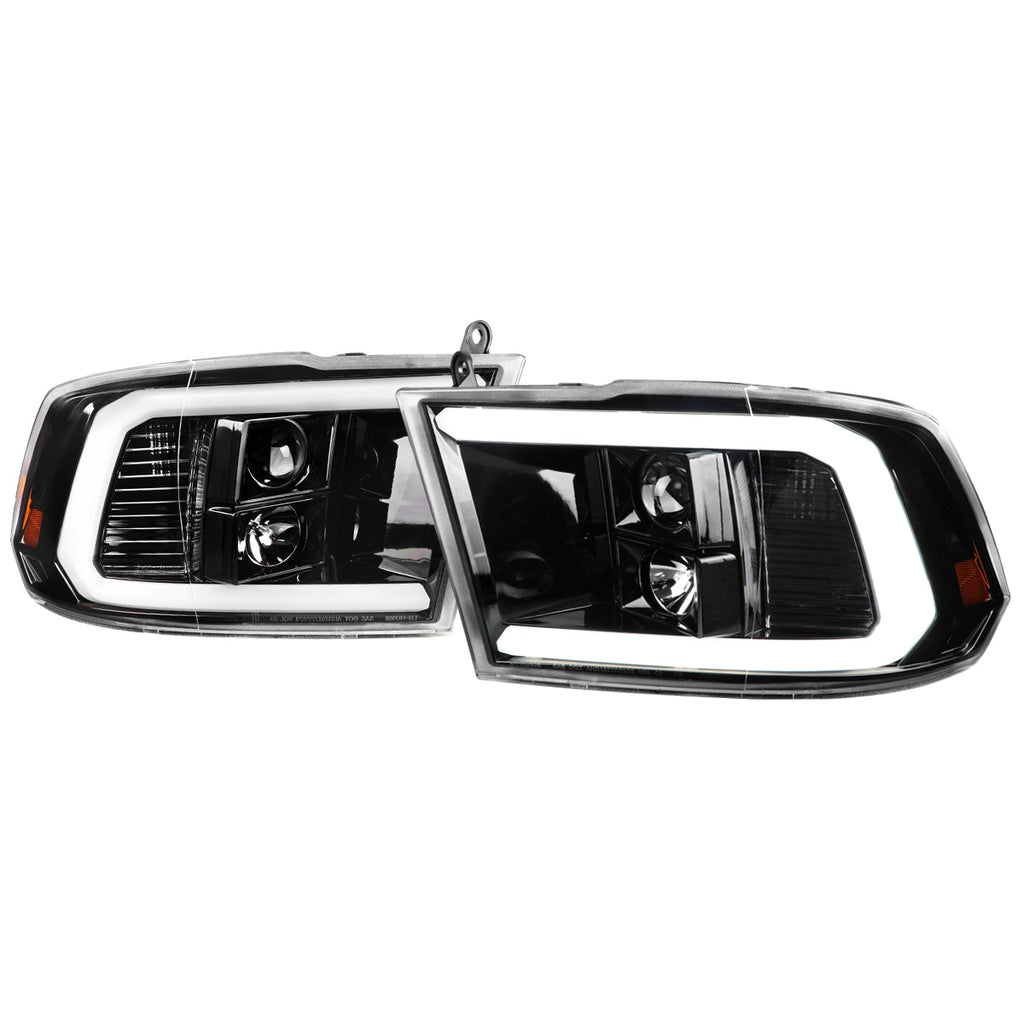 2009-2018 Dodge RAM 1500 / 2019-2021 RAM Classic / 2010-2018 RAM 2500 3500 LED C-Bar Projector Headlights (Jet Black Housing/Clear Lens)