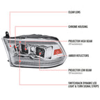 2009-2018 Dodge RAM 1500  / 2019-2021 RAM Classic / 2010-2018 RAM 2500 3500 Switchback Sequential Projector Headlights (Chrome Housing/Clear Lens)