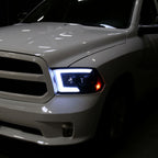 2009-2018 Dodge RAM 1500 / 2019-2021 RAM Classic/ 2010-2018 RAM 2500 3500 Switchback Sequential LED C-Bar Projector Headlights (Matte Black Housing/Clear Lens)