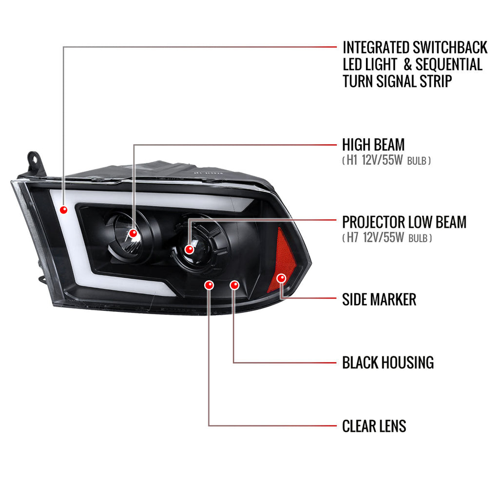 2009-2018 Dodge RAM 1500 / 2019-2021 RAM Classic/ 2010-2018 RAM 2500 3500 Switchback Sequential LED C-Bar Projector Headlights (Matte Black Housing/Clear Lens)