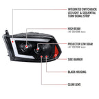 2009-2018 Dodge RAM 1500 / 2019-2021 RAM Classic/ 2010-2018 RAM 2500 3500 Switchback Sequential LED C-Bar Projector Headlights (Matte Black Housing/Clear Lens)