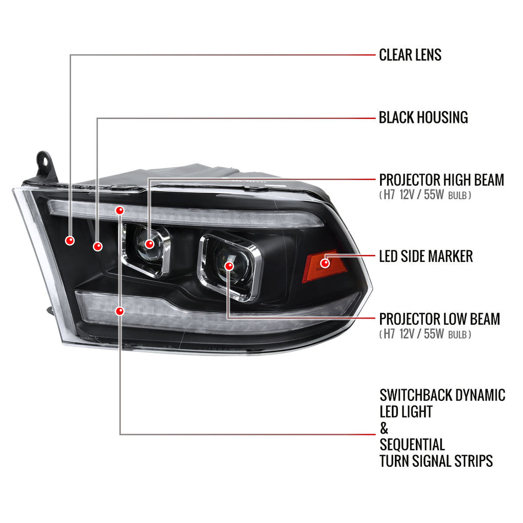 2009-2018 Dodge RAM 1500  / 2019-2021 RAM Classic / 2010-2018 RAM 2500 3500 Switchback Sequential Projector Headlights (Matte Black Housing/Clear Lens)
