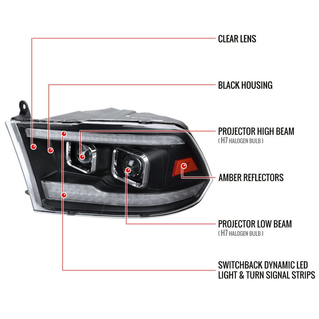 2009-2018 Dodge RAM 1500  / 2019-2021 RAM Classic / 2010-2018 RAM 2500 3500 Switchback Sequential Projector Headlights (Matte Black Housing/Clear Lens)
