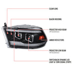 2009-2018 Dodge RAM 1500  / 2019-2021 RAM Classic / 2010-2018 RAM 2500 3500 Switchback Sequential Projector Headlights (Matte Black Housing/Clear Lens)
