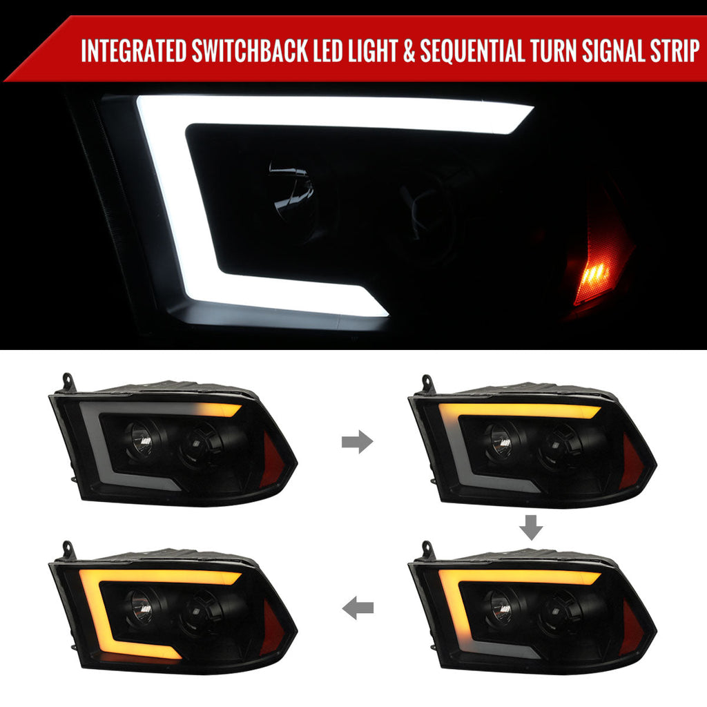 2009-2018 Dodge RAM 1500 / 2019-2021 RAM Classic/ 2010-2018 RAM 2500 3500 Switchback Sequential LED C-Bar Projector Headlights (Black Housing/Smoked Lens)