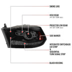 2009-2018 Dodge RAM 1500 / 2019-2021 RAM Classic / 2010-2018 RAM 2500 3500 Switchback Sequential LED Bar Projector Headlights (Jet Black Housing/Smoked Lens)