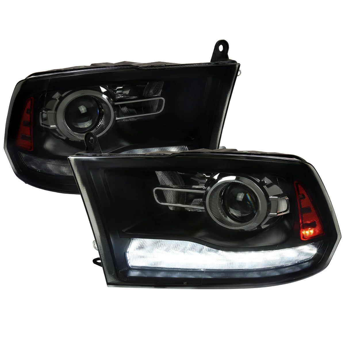 2009-2018 Dodge RAM 1500 / 2019-2021 RAM Classic / 2010-2018 RAM 2500 3500 Switchback Sequential LED Bar Projector Headlights (Jet Black Housing/Smoked Lens)