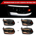 2009-2018 Dodge RAM 1500  / 2019-2021 RAM Classic / 2010-2018 RAM 2500 3500 Switchback Sequential Projector Headlights (Matte Black Housing/Smoked Lens)
