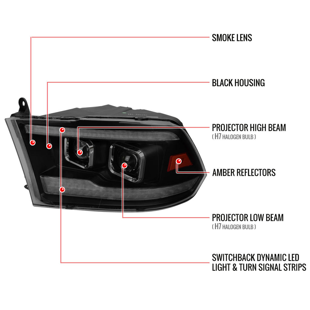 2009-2018 Dodge RAM 1500  / 2019-2021 RAM Classic / 2010-2018 RAM 2500 3500 Switchback Sequential Projector Headlights (Matte Black Housing/Smoked Lens)