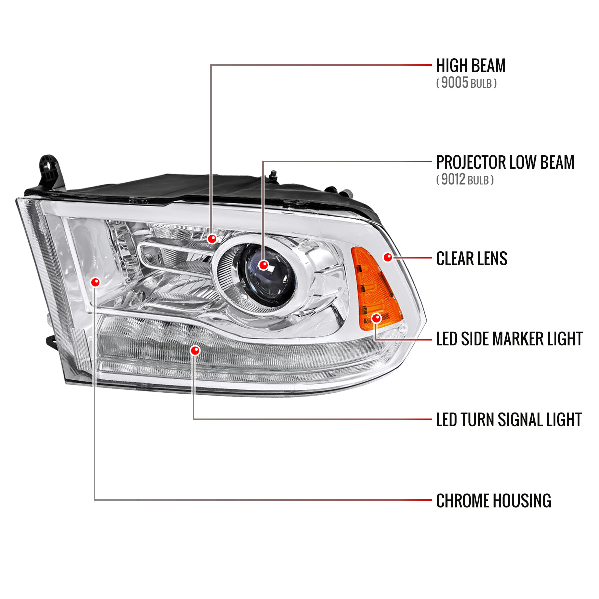 2013-2018 Ram 1500 2500 3500 LED Bar Projector Headlights (Chrome Housing / Clear Lens)