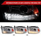 2013-2018 Ram 1500 2500 3500 Switchback Sequential LED Bar Signal Projector Headlights (Chrome Housing / Clear Lens)