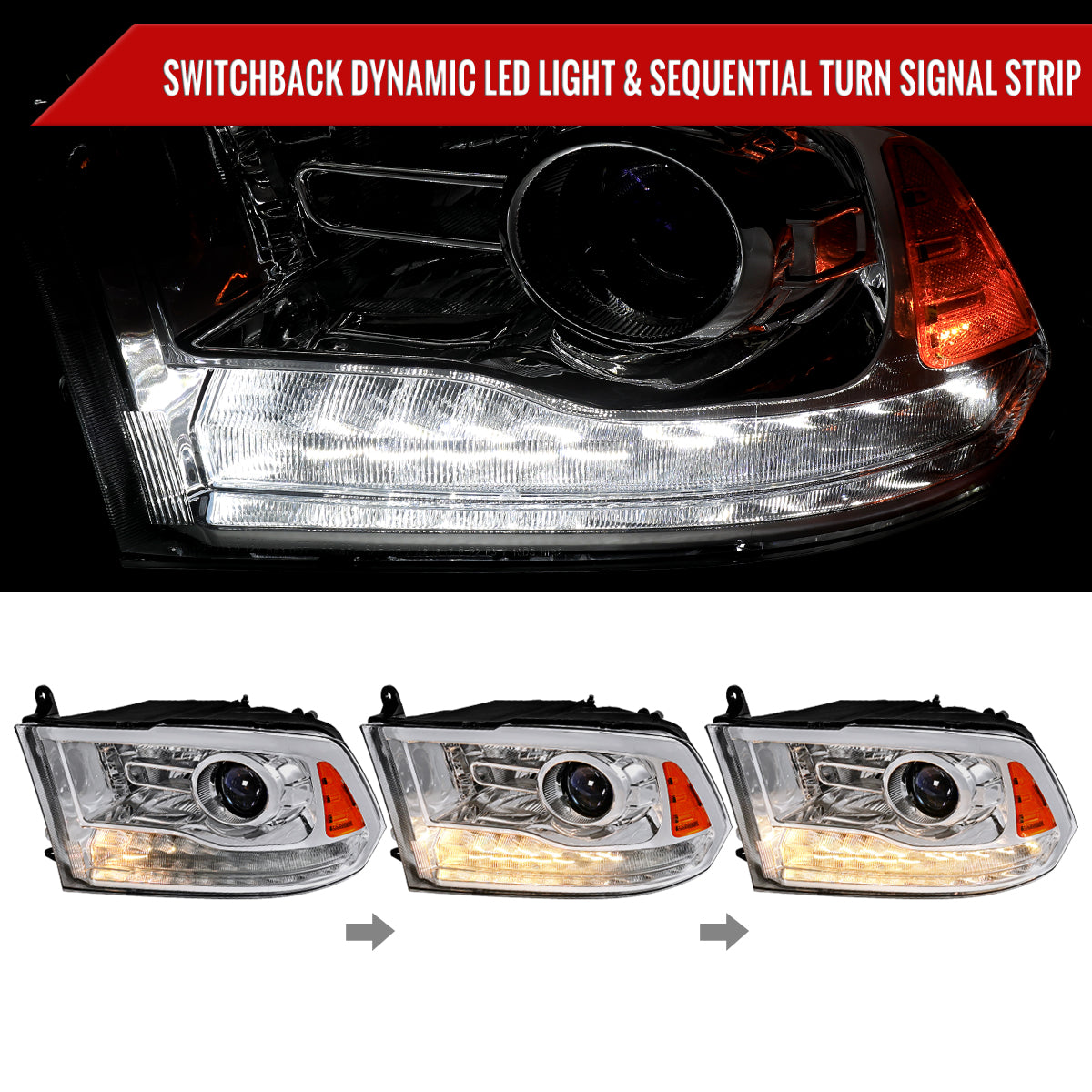 2013-2018 Ram 1500 2500 3500 Switchback Sequential LED Bar Signal Projector Headlights (Chrome Housing / Clear Lens)
