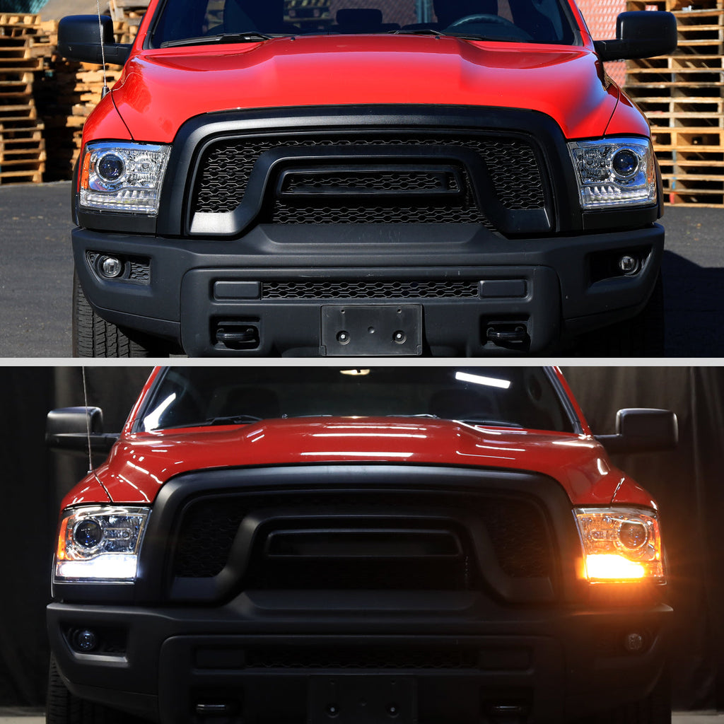2013-2018 Ram 1500 2500 3500 Switchback Sequential LED Bar Signal Projector Headlights (Chrome Housing / Clear Lens)