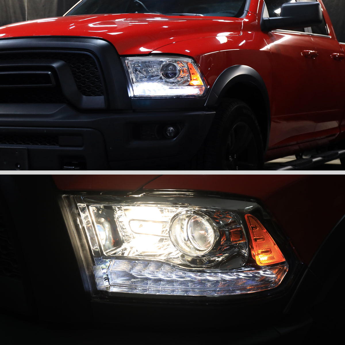 2013-2018 Ram 1500 2500 3500 Switchback Sequential LED Bar Signal Projector Headlights (Chrome Housing / Clear Lens)