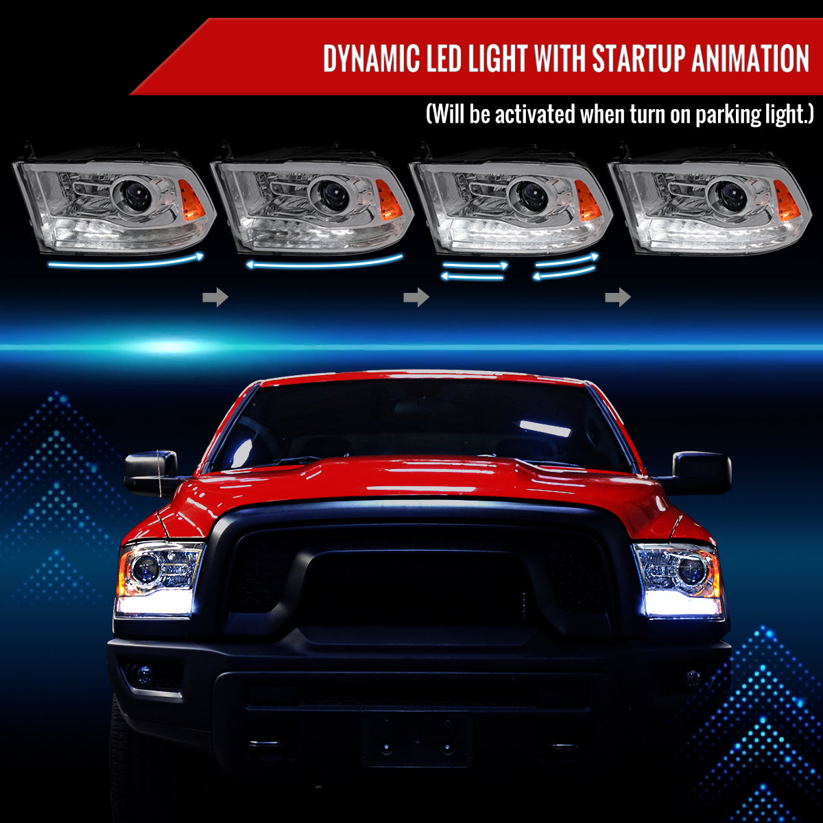 2013-2018 Ram 1500 2500 3500 Switchback Sequential LED Bar Signal Projector Headlights (Chrome Housing / Clear Lens)
